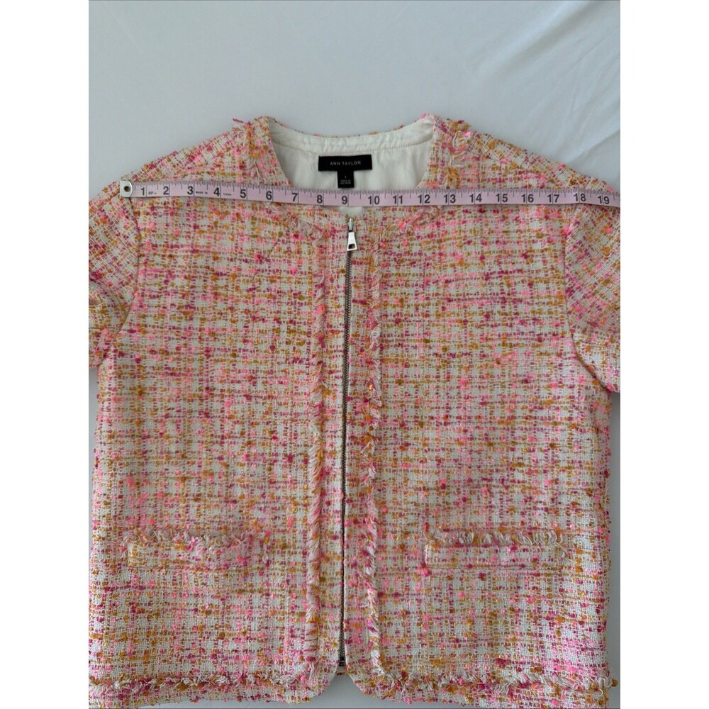 Ann Taylor Tweed Bouclé Blazer Plaid Womens Sz 4 Pink Orange Fringe Zip 3/4 NWT - Picture 7 of 9